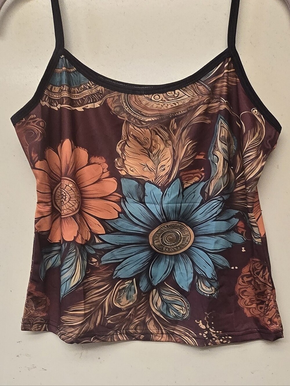 Floral Print Spaghetti Strap Tank Top in Burgundy with Blue & Orange Blooms